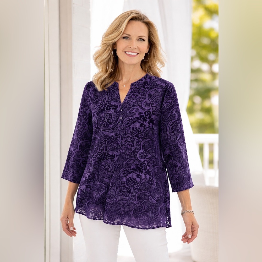 Chico’s Purple Velvet Burnout Paisley Blouse Size 2 (L) Sheer Top